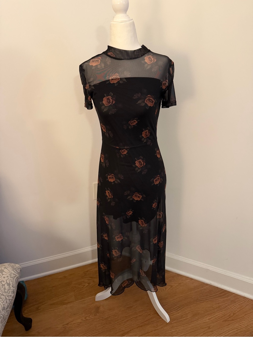 Black Sheer Midi Dress with Rose Print
